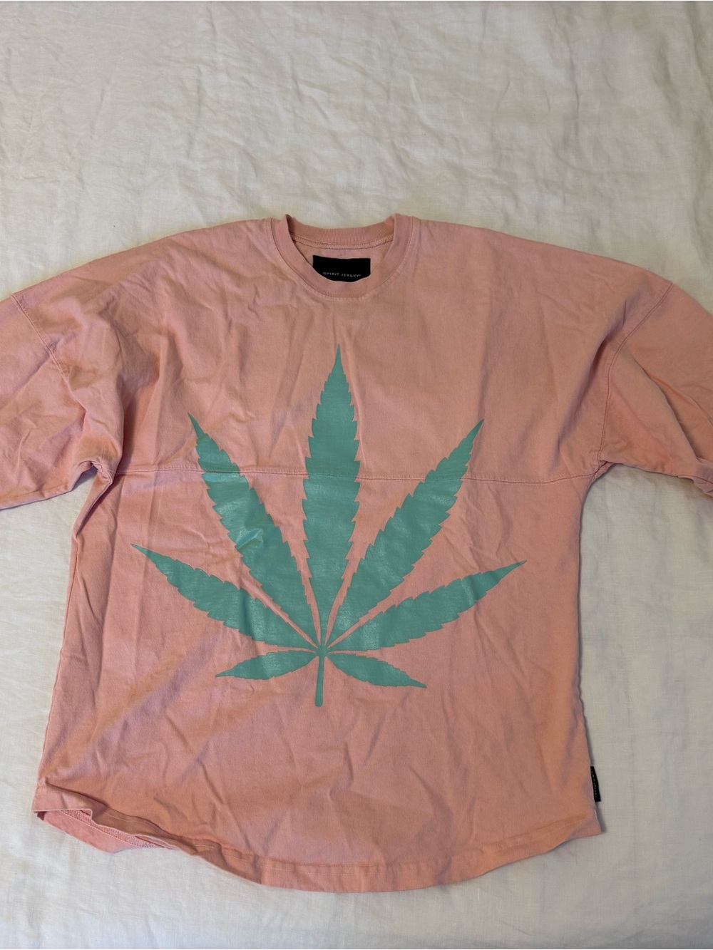 Pink Crewneck Jersey with Teal Leaf Graphic